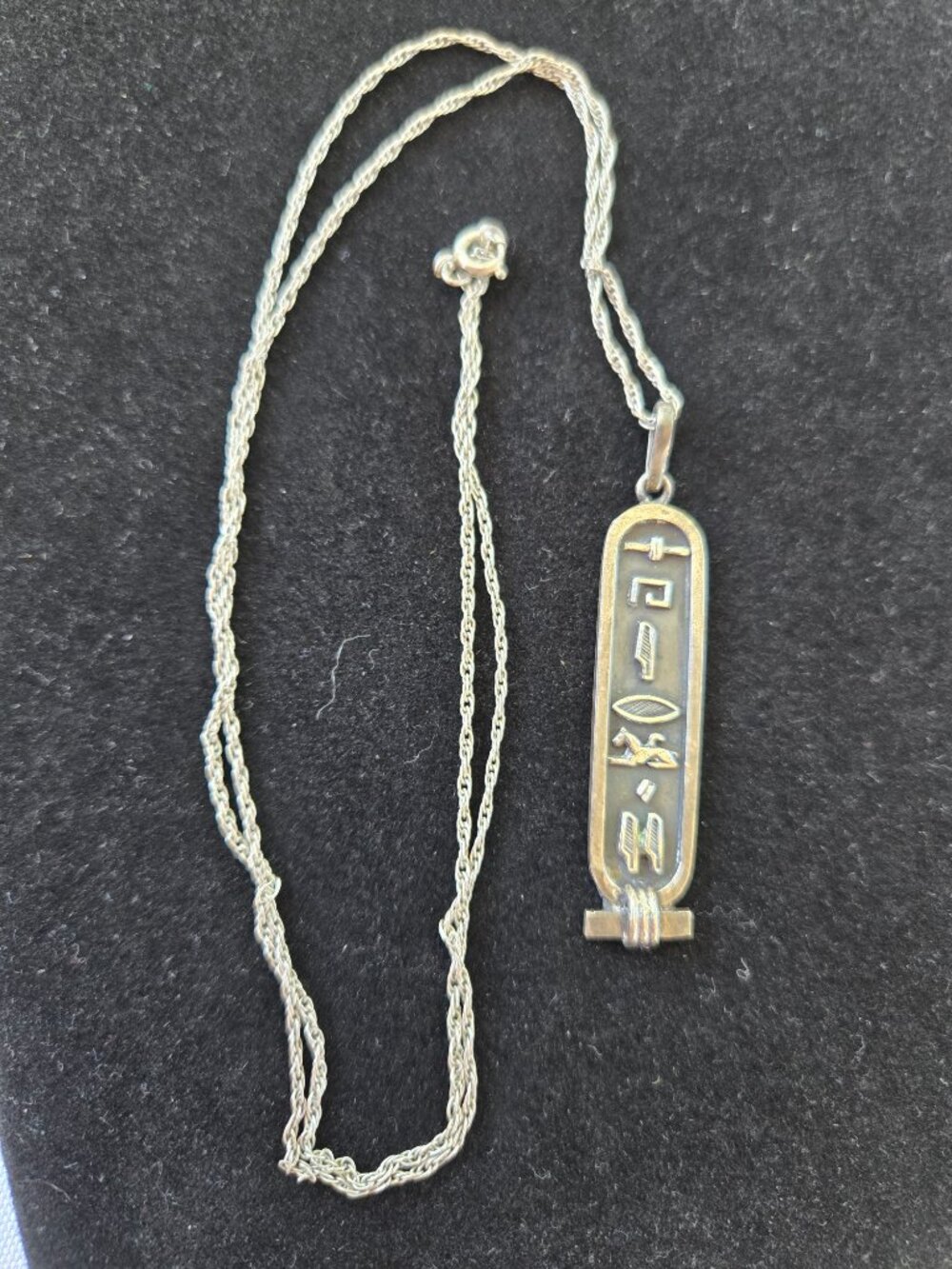 Egyptian Cartouche Silver Tone Pendant and chain marked Speidel